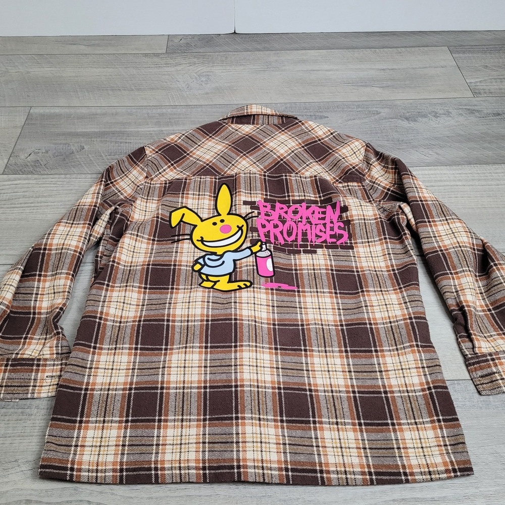 🐰Broken Promises x Happy Bunny Flannel Women's S Brown Plaid Graphic Y2K Art - Picture 10 of 16